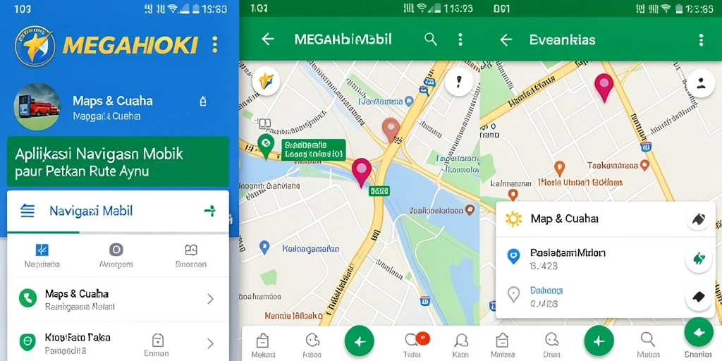 Tampilan antarmuka aplikasi MEGAHOKI untuk navigasi mobil yang intuitif.